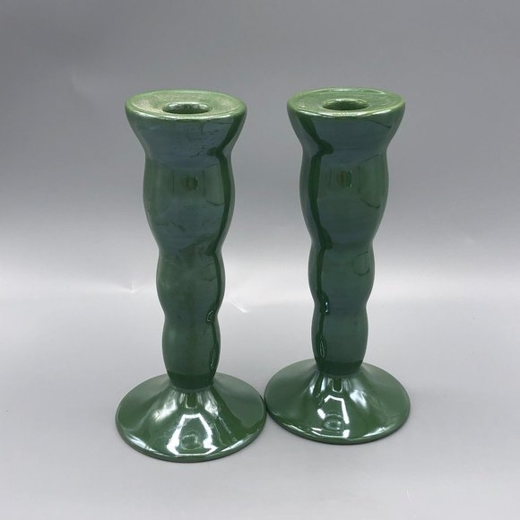 Potter Smith Stoneware set 2 Green Candlesticks - Picture 4 of 7